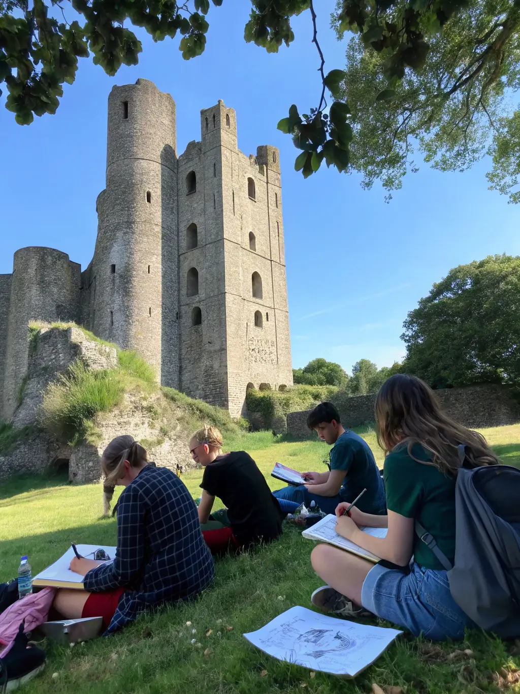 A group of students sketching in the gardens of a historic estate, guided by an instructor, illustrating DH LA's educational initiatives.