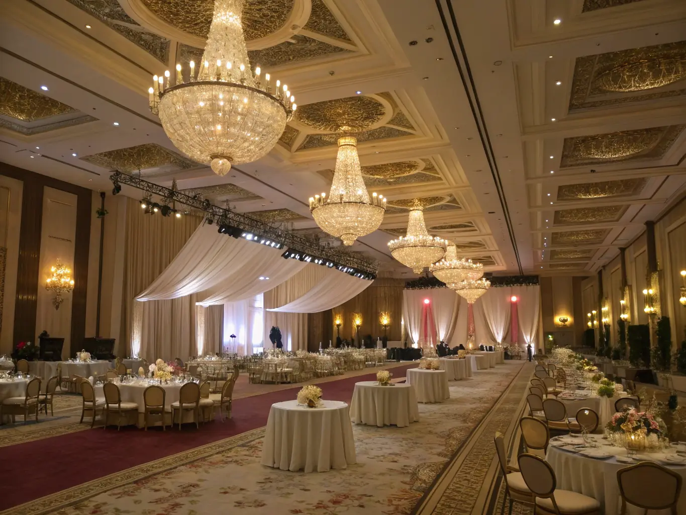 A grand hall in a historic chateau, prepared for a gala event, showcasing ornate decorations and elegant lighting, capturing the essence of a historical celebration.