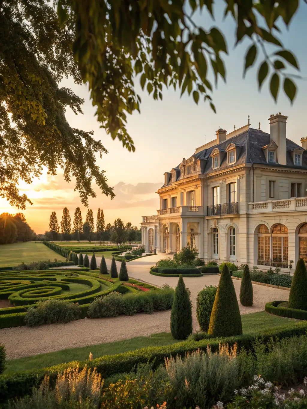A panoramic view of a beautifully restored chateau at sunset, highlighting the successful outcomes of DH LA's preservation projects and the beauty of architectural heritage.