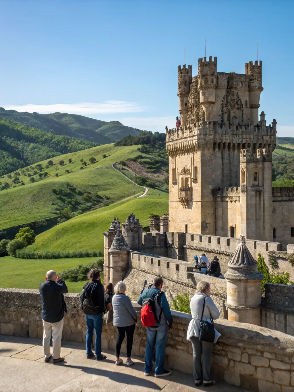 A photograph of a group of people touring the Chateau de Chambord, focusing on the architectural details and historical significance of the building.