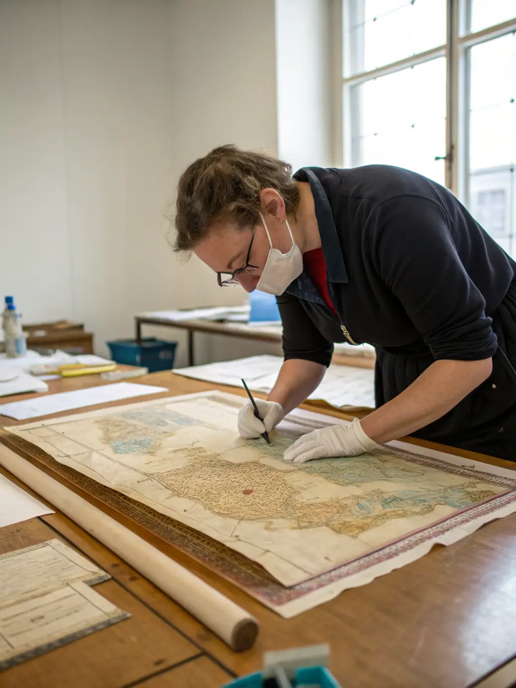 A conservator carefully restoring a damaged fresco in a grand chateau, using delicate tools and techniques to preserve its original beauty, showcasing DH LA's documentation efforts.