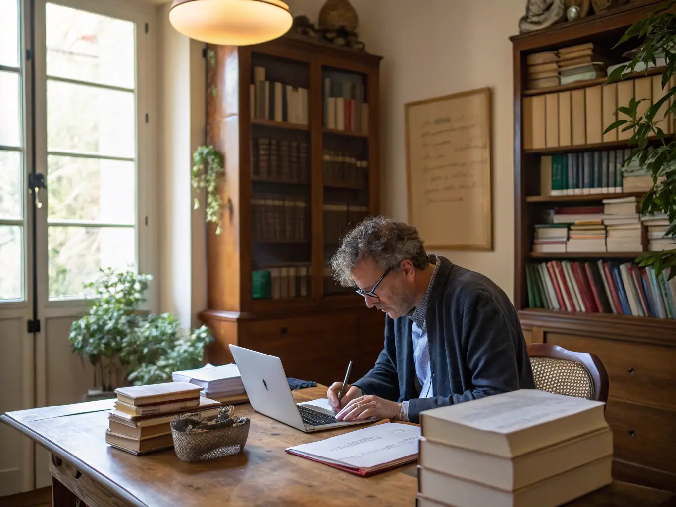 An image of a researcher examining architectural plans and old photographs of a historic chateau, representing DH LA's heritage research and documentation program.